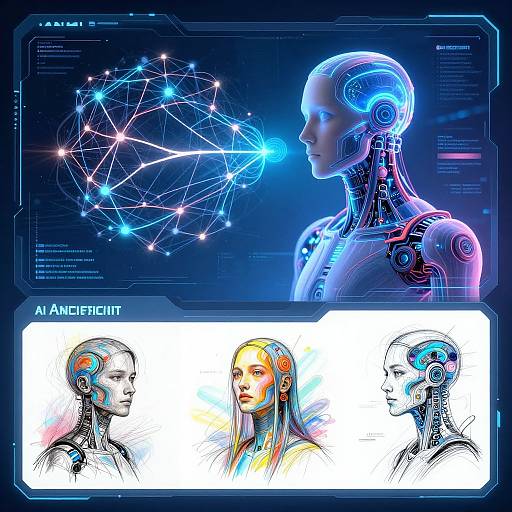 Digital artwork of a glowing, futuristic robotic human with blue and purple neon lights, emitting a star-like network. Below, three detailed, colored sketches of