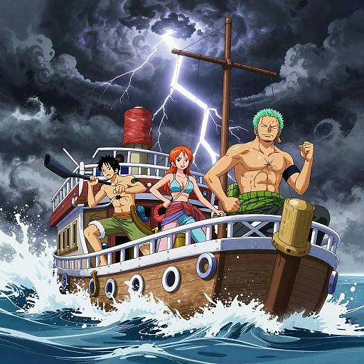 Digital anime-style drawing of a stormy sea, a wooden boat, and three muscular, shirtless men with green hair, a red-haired woman,