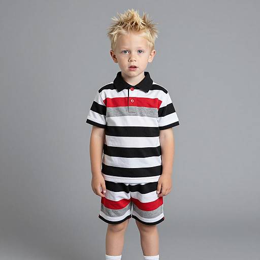 Young Boy in Striped Polo and Shorts