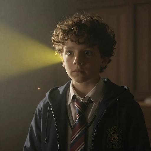Young Boy in Dark Jacket with Yellow Light Beam