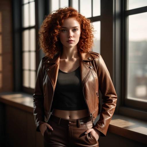 Redhead Woman in Brown Leather Jacket
