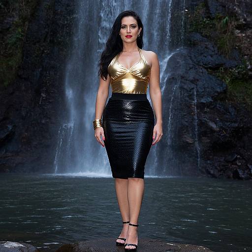 Photograph of a woman with long black hair, wearing a gold top and black sequin skirt, standing in front of a waterfall, wearing black high