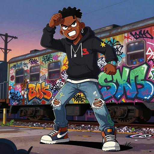 Cartoon-style illustration of a muscular, angry black man with dreadlocks, wearing a black hoodie, ripped jeans, and white sneakers, standing defiantly