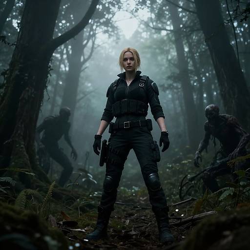 Photorealistic CGI image of a blonde woman in black tactical gear with gloves and gun, standing confidently in a misty, dark forest with two shadow