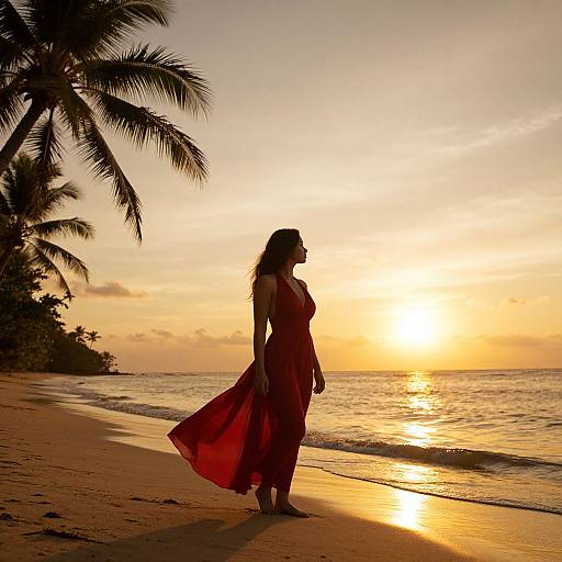 Silhouetted woman in flowing red dress walks on golden sandy beach at sunset, palm trees on left, sun reflecting on calm ocean. Photographic