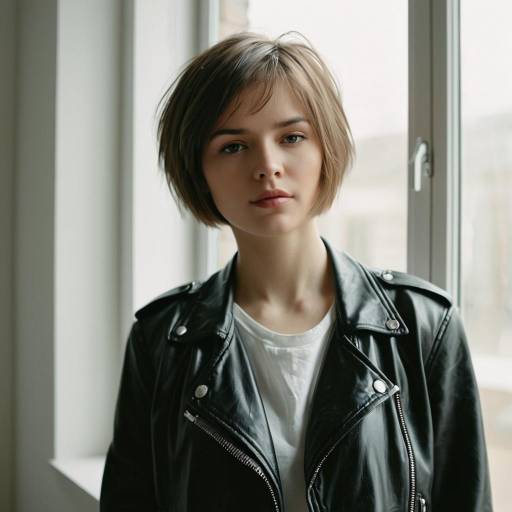 Young woman in leather jacket by window