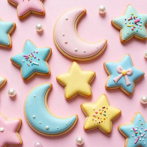 Colorful sugar cookies shaped like stars, moons, and crescents with pastel frosting and sprinkles, scattered on a pink background.