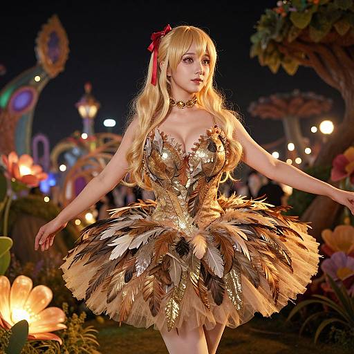 Photograph of a blonde woman in a sparkly, feathered, gold and brown dress, with a red bow in her hair, dancing in a