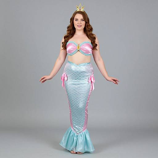 Photograph of a fair-skinned woman with long brown hair, wearing a pink and silver mermaid costume with a crown, standing against a gray background