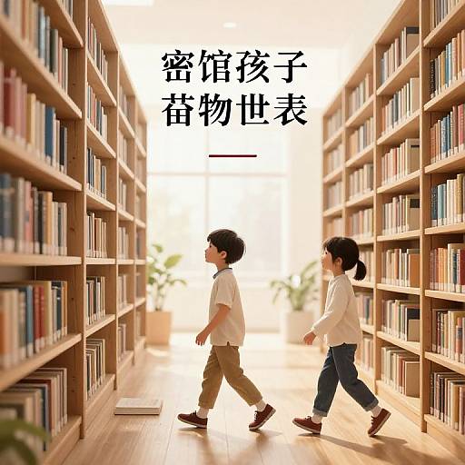 Photograph of two Asian children, a boy and a girl, walking through a sunlit library aisle with tall bookshelves on both sides. Chinese