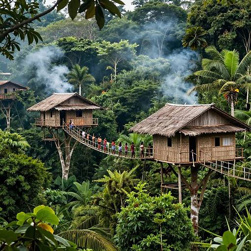 Photograph of two thatched-roof wooden treehouses connected by a narrow suspension bridge, surrounded by dense, misty tropical forest. Smoke rises from