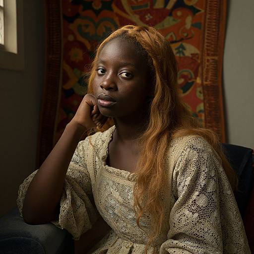 Photograph of a dark-skinned woman with long, wavy auburn hair, wearing a beige lace dress, thoughtfully resting her chin on