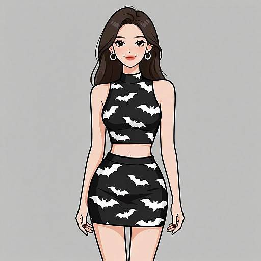 Digital drawing of a smiling woman with long black hair, wearing a black bat-patterned crop top and skirt, large hoop earrings, against a light blue