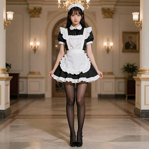 Young Woman in Classic Maid Outfit in Luxury Palace