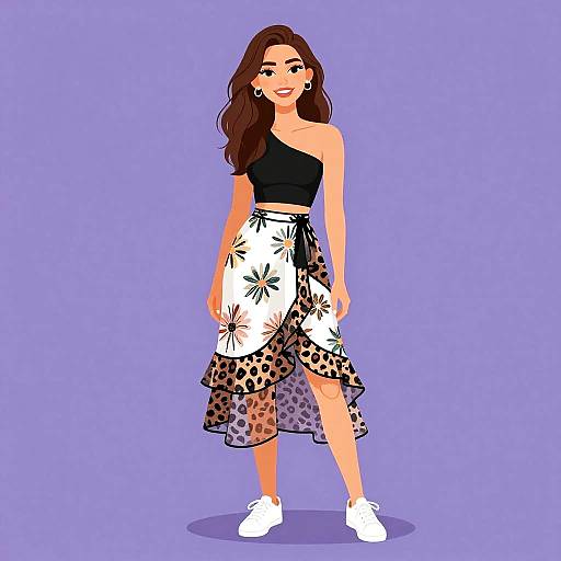 Digital illustration of a smiling woman with long brown hair, wearing a black one-shoulder top, white floral and leopard print skirt, and white sneakers