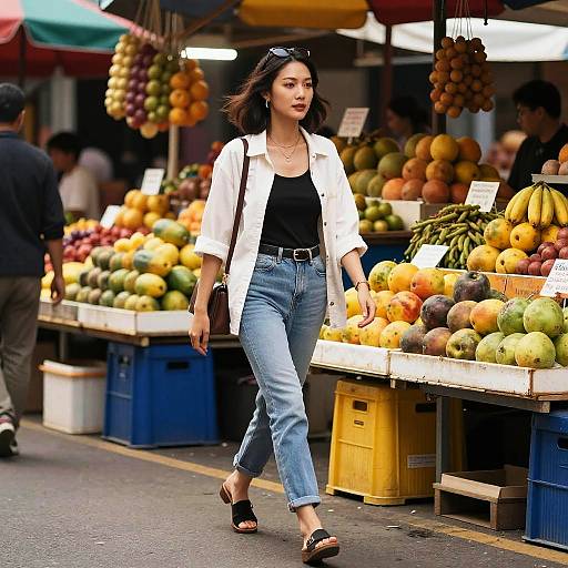 Photograph of an Asian woman with shoulder-length black hair, wearing a white jacket, black top, blue jeans, and black sandals, walking through a