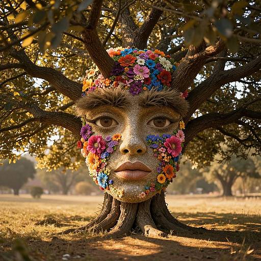 Photograph of a surreal, flower-covered tree face with large, expressive eyes, surrounded by colorful flowers, set in a sunlit, grassy field
