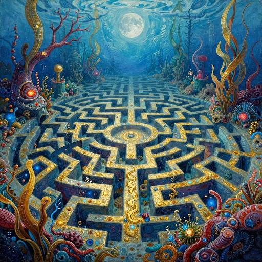 Vibrant underwater maze illuminated by glowing golden paths, surrounded by colorful marine life and corals, with a bright moonlight above. Digital artwork.