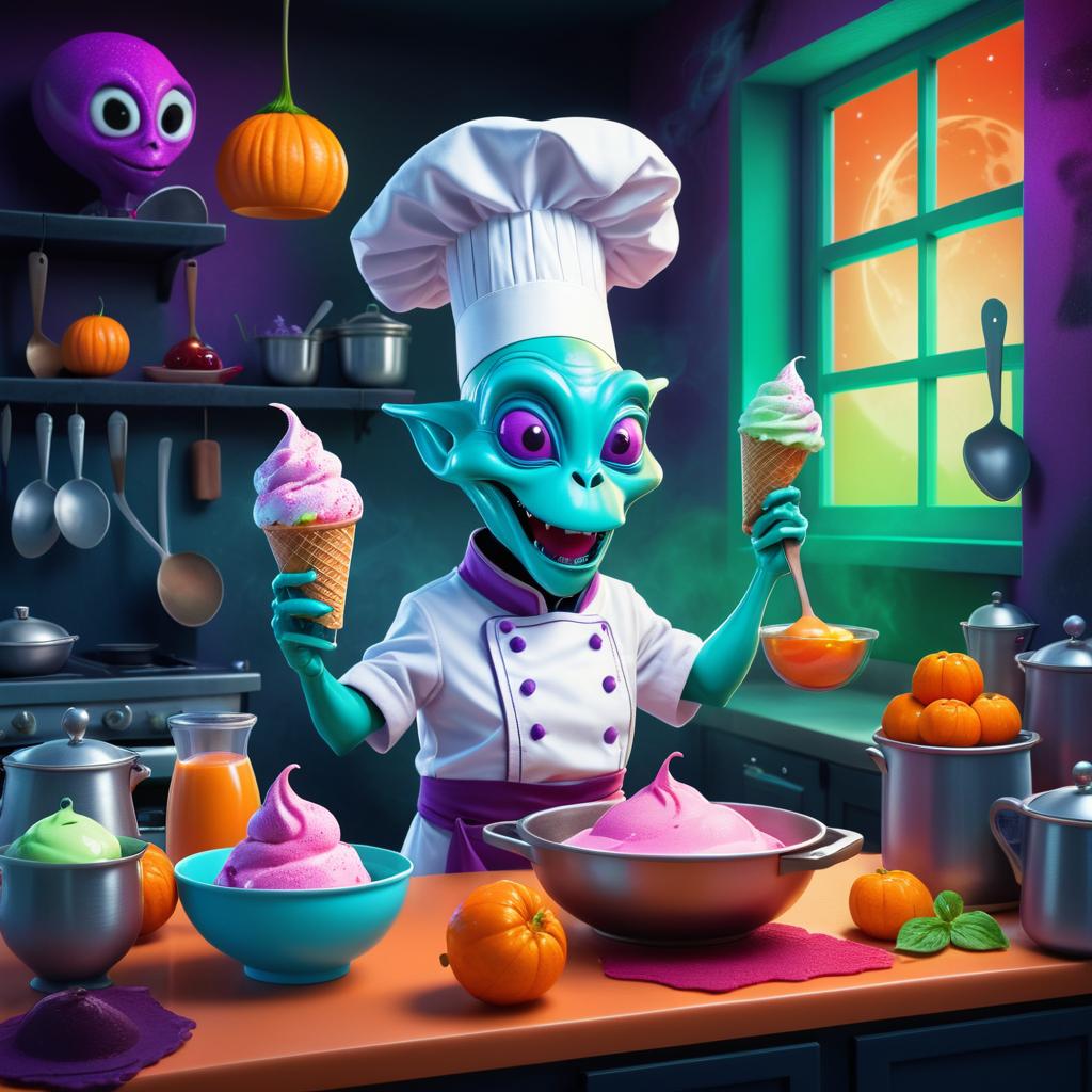 Whimsical Alien Chef in Spooky Kitchen