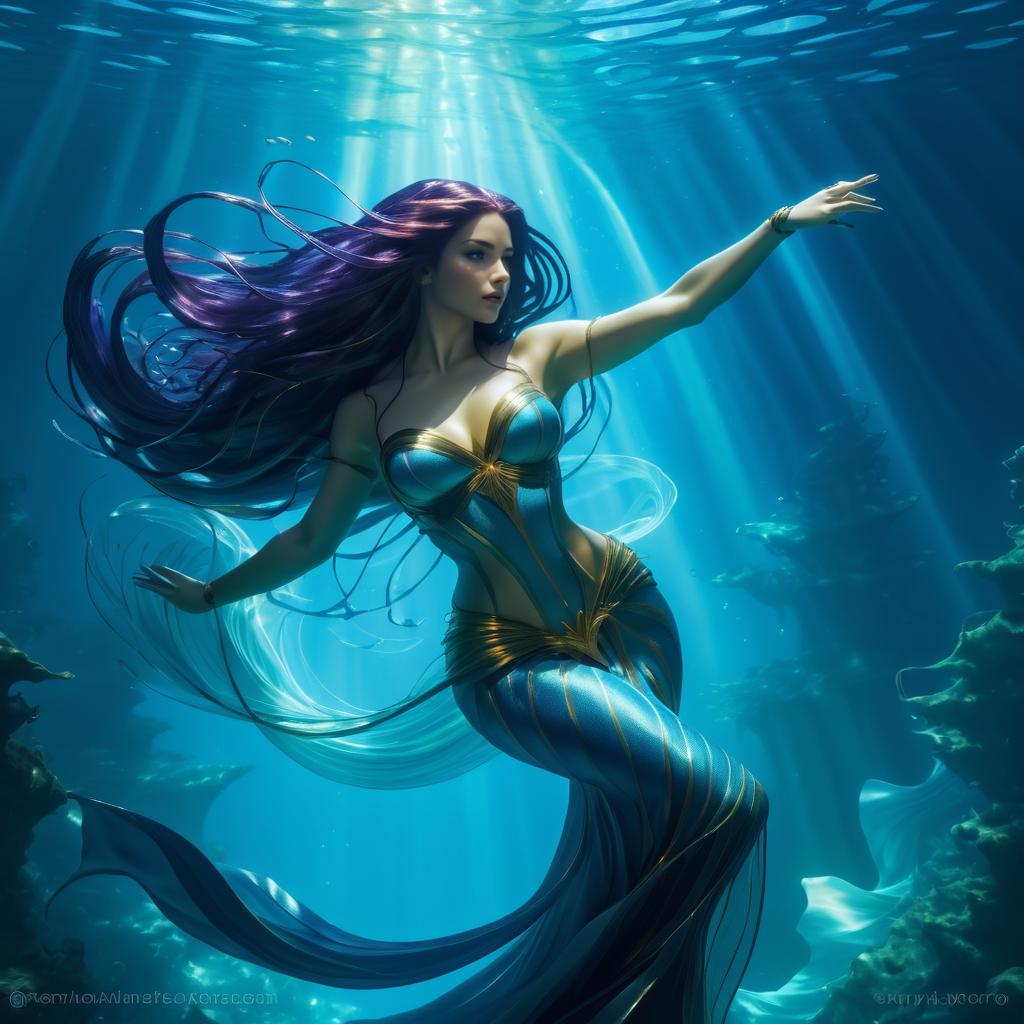 Dynamic Mermaid Sorceress Underwater Art