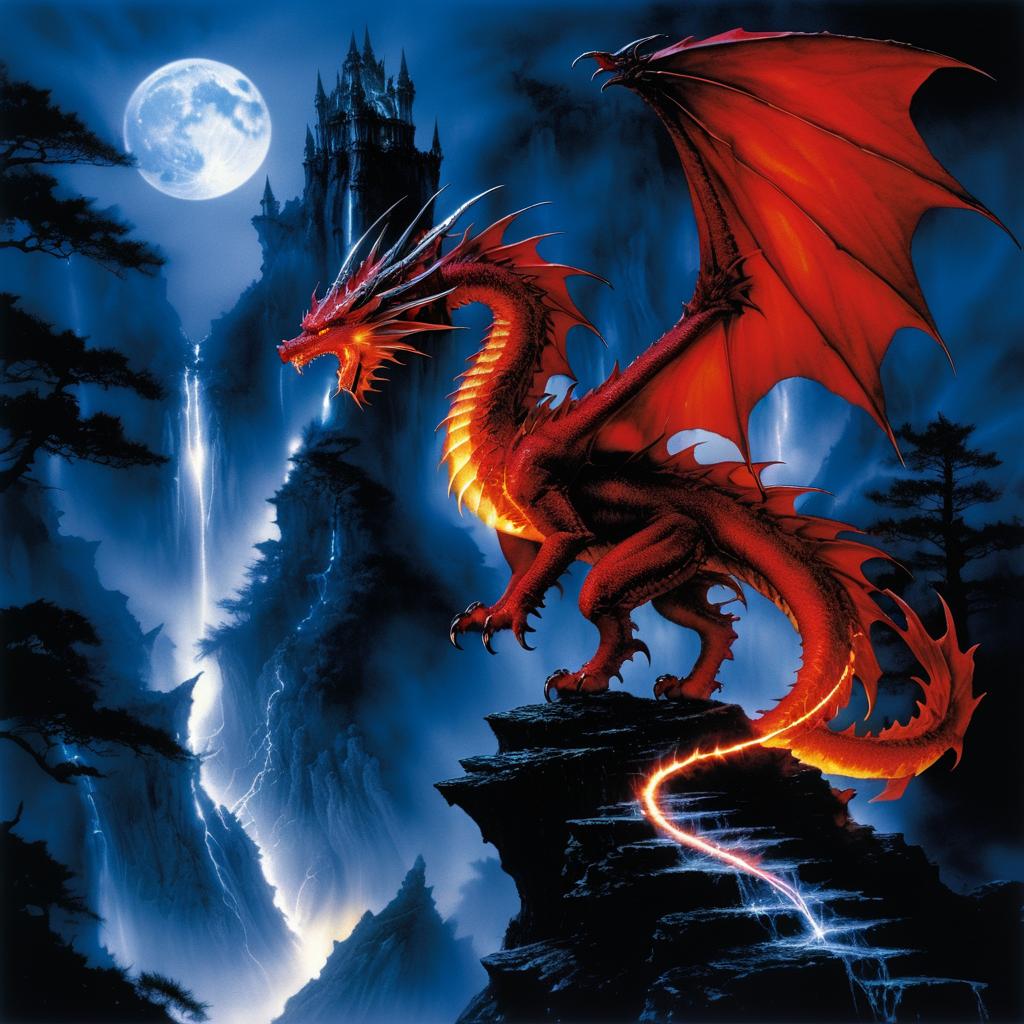 Dragon atop Cliff Under Crimson Moon