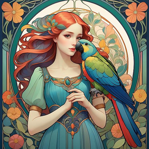 Whimsical Art Nouveau Girl with Parrot