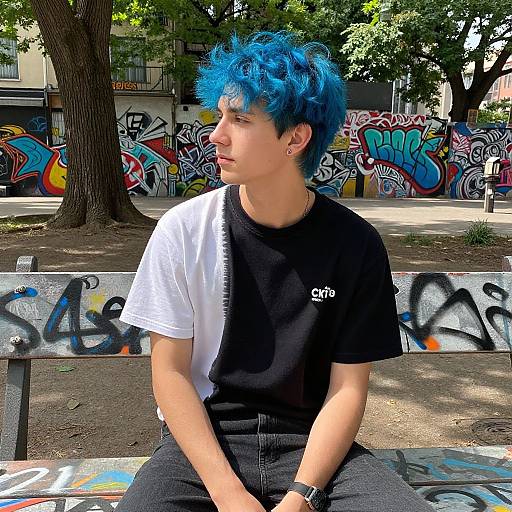 Photograph of a young man with blue spiky hair, wearing a black and white t-shirt, sitting on a graffiti-covered bench in a sunlit