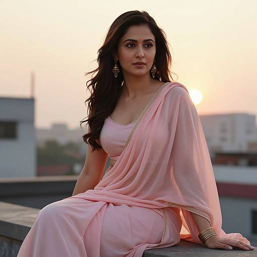 Photograph of a beautiful Indian woman with long dark hair, wearing a pink saree with gold trim, sitting on a rooftop at sunset.