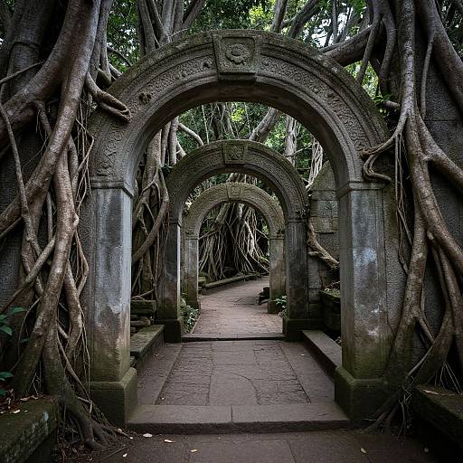 Photograph of an ancient stone archway overgrown with dense, twisting tree roots, leading into a shaded, narrow pathway surrounded by lush greenery.