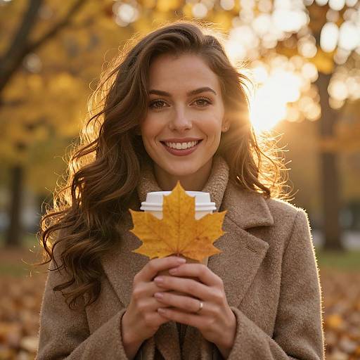 Photograph of a smiling woman with wavy brown hair, holding a yellow autumn leaf, wearing a brown wool coat, in a sunlit park with