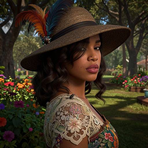 Photograph of a beautiful young woman with dark skin and curly hair, wearing a vintage lace dress and a brown hat with colorful feathers, standing in a