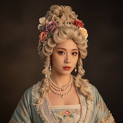 Digital portrait of a fair-skinned woman with curly blonde hair, adorned with flowers, wearing an ornate blue dress and pearl necklace, against a dark