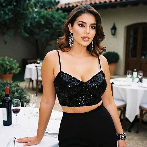 Glamorous Curvy Woman in Wine Courtyard