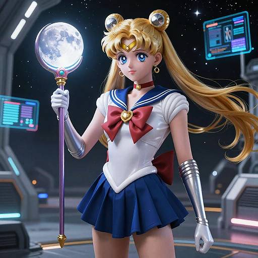 Digital art of Sailor Moon in futuristic space setting, holding glowing crystal wand, wearing sailor uniform with red bow, silver gloves, and hair buns.