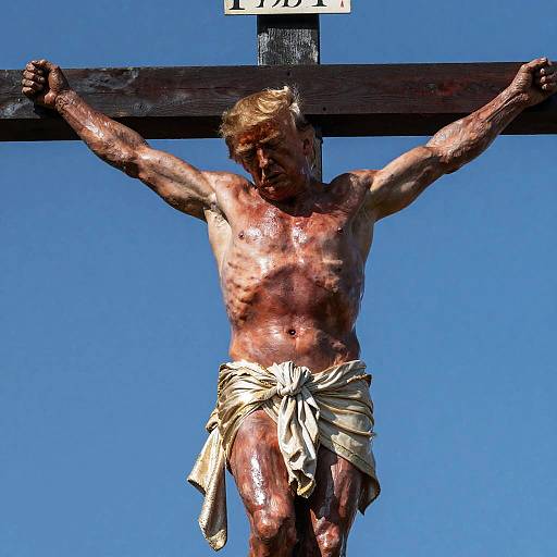Photorealistic digital image of a muscular, blonde, bloodied Jesus crucified on a wooden cross against a clear blue sky. He wears a t