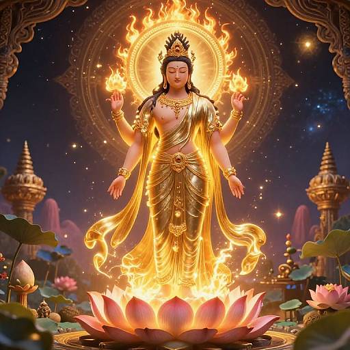 Digital artwork of a serene, golden-hued goddess with flames encircling her head, standing on a lotus flower, surrounded by ornate temples