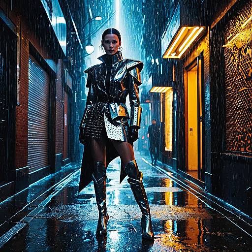Androgynous Model in Metallic Armor in Neon-Lit Alley