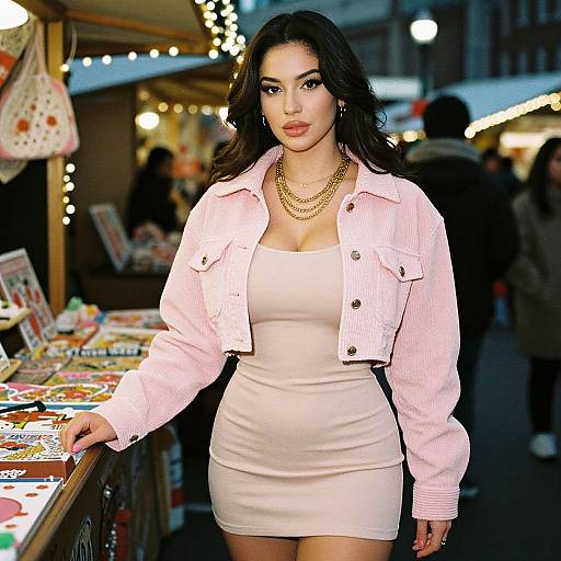 Photograph of a curvy, dark-haired woman with olive skin, wearing a tight pink dress and pink jacket, gold necklace, standing at a bustling