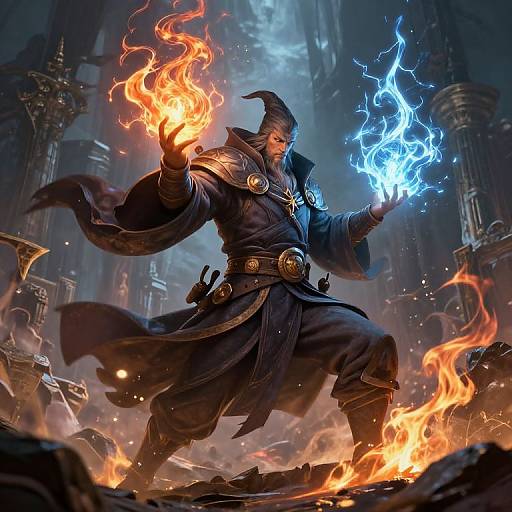 Digital artwork of a muscular, hooded sorcerer wielding fiery orange and electric blue magic, standing amidst burning ruins and ancient ruins.
