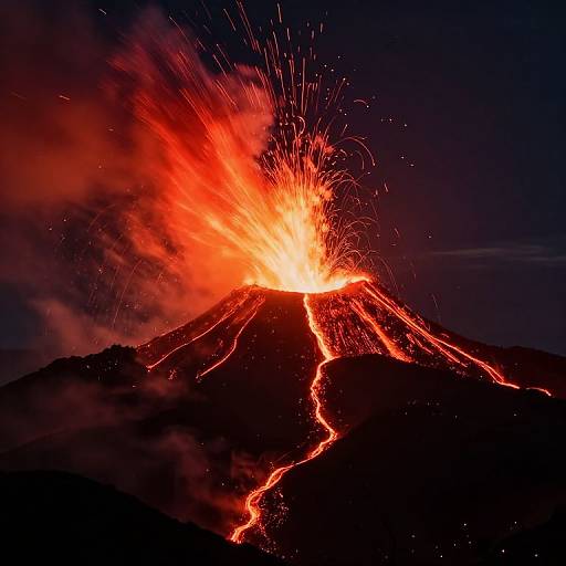 Photograph of a volcanic eruption at night, showcasing bright red lava and orange sparks, with glowing cracks on the mountain.