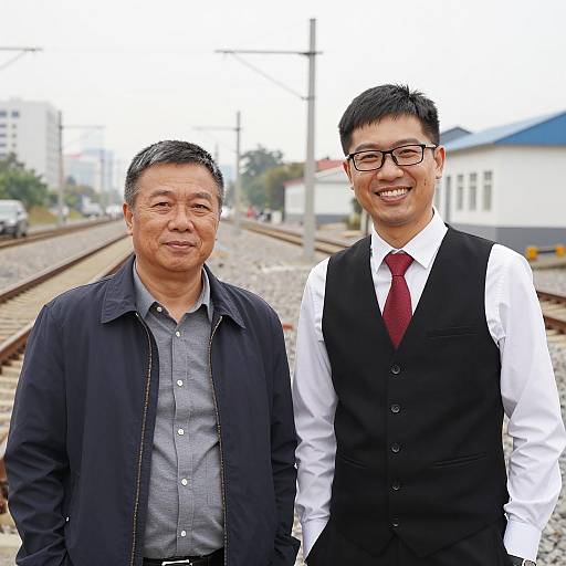 Two Men Standing by Train Tracks