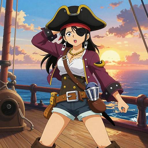 Anime Pirate Girl on Ship Deck at Sunset
