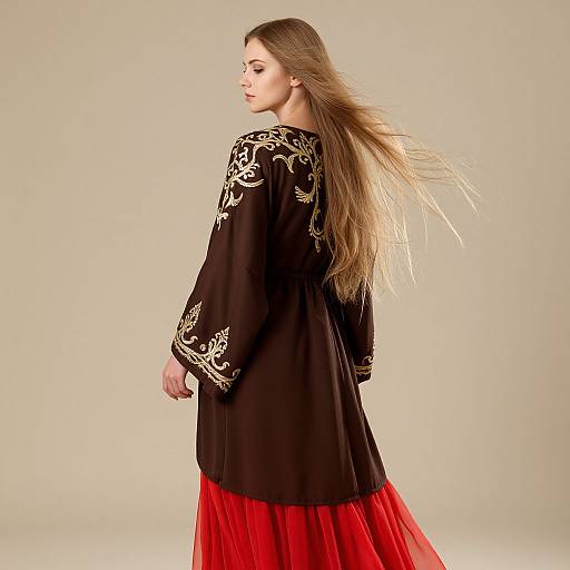 Elegant Woman in Flowing Embroidered Robe