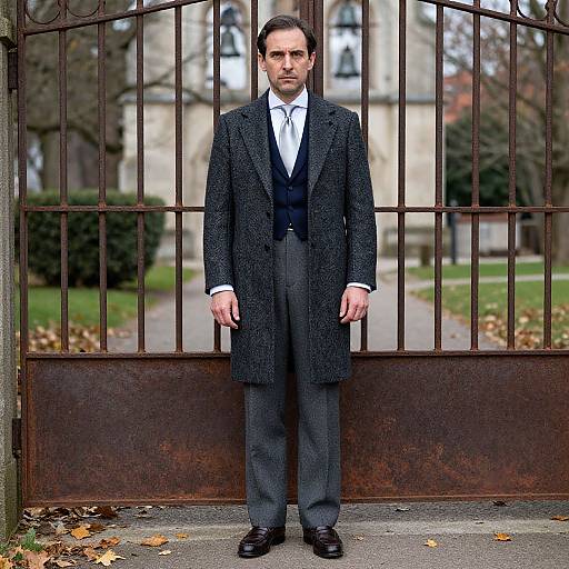 Photograph of a serious middle-aged man in a dark overcoat, waistcoat, gray trousers, white shirt, black shoes, standing in front of