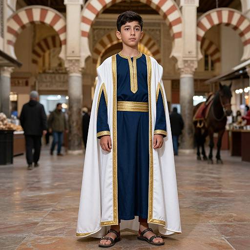 Photograph of a young boy with short black hair, wearing a blue tunic, gold trim, white robe, and black sandals, standing in a