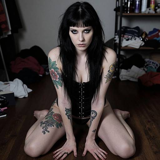 Photograph of a pale-skinned, black-haired woman with multiple tattoos, kneeling on wooden floor in black corset, amidst cluttered room.