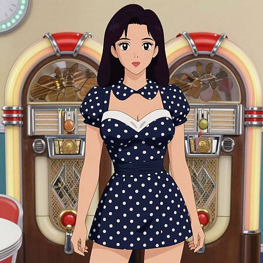 Digital anime-style drawing of a dark-haired woman in a navy polka dot dress with white trim, standing in front of a vintage jukebox.