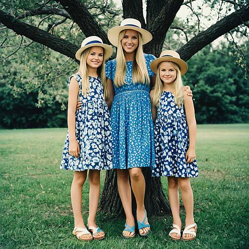 Mother and Daughters in Matching Blue Floral Dresses Outdoors