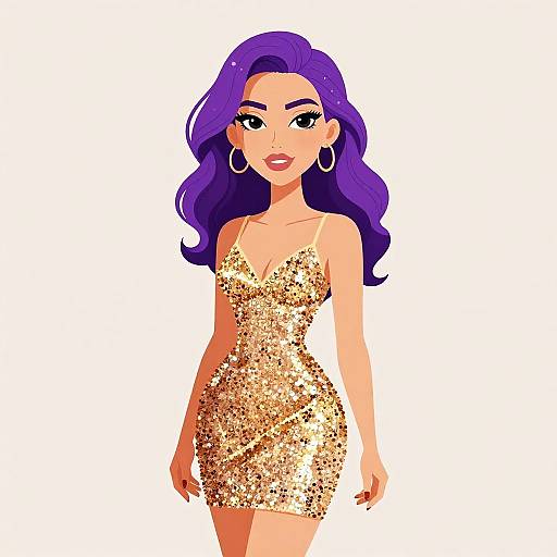 Digital illustration of a confident woman with long purple hair, wearing a glittery gold sequin dress and large hoop earrings.