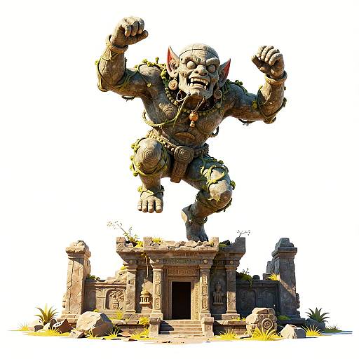 Digital cartoon of a menacing, green, muscular goblin with sharp teeth, raised fists, and tattered clothes, leaping from ancient ruins.